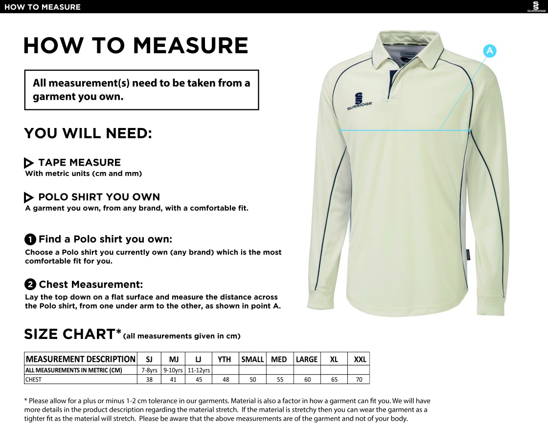 Dual Premier Long Sleeve Shirt - Size Guide