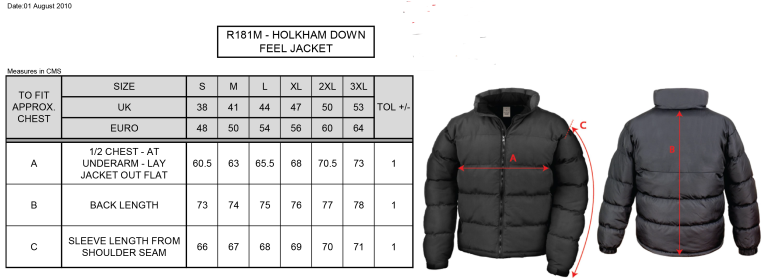 Holkham Down Feel Jacket : Black - Size Guide